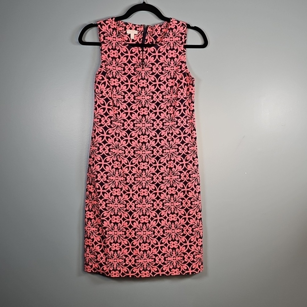 Talbots Petites Sleeveless Sheath Dress Damask Navy Pink Women's Size 4 Petite
